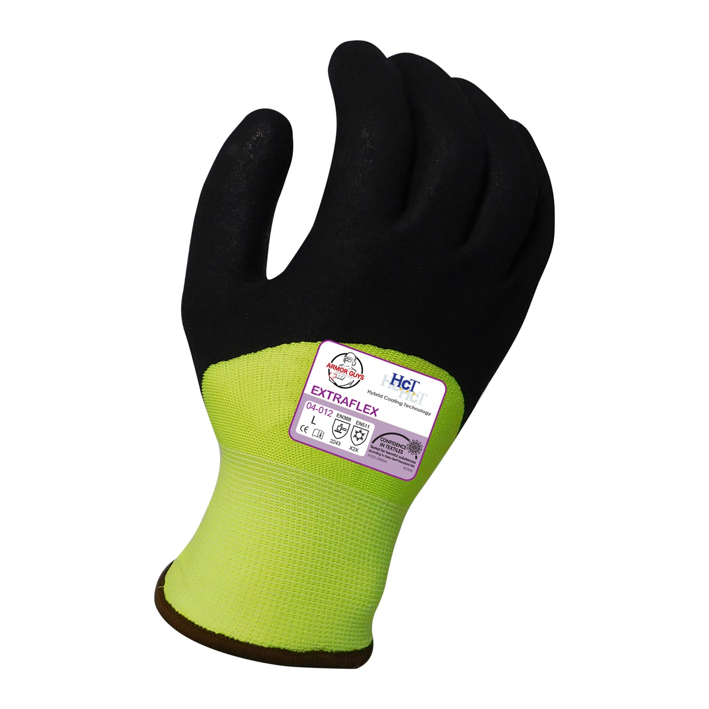 13g Hi Vis Yellow Nylon Liner 
w/ 7g Poly-Acrylic Lining, microfoam latex knuckle coating, 8dz/cs