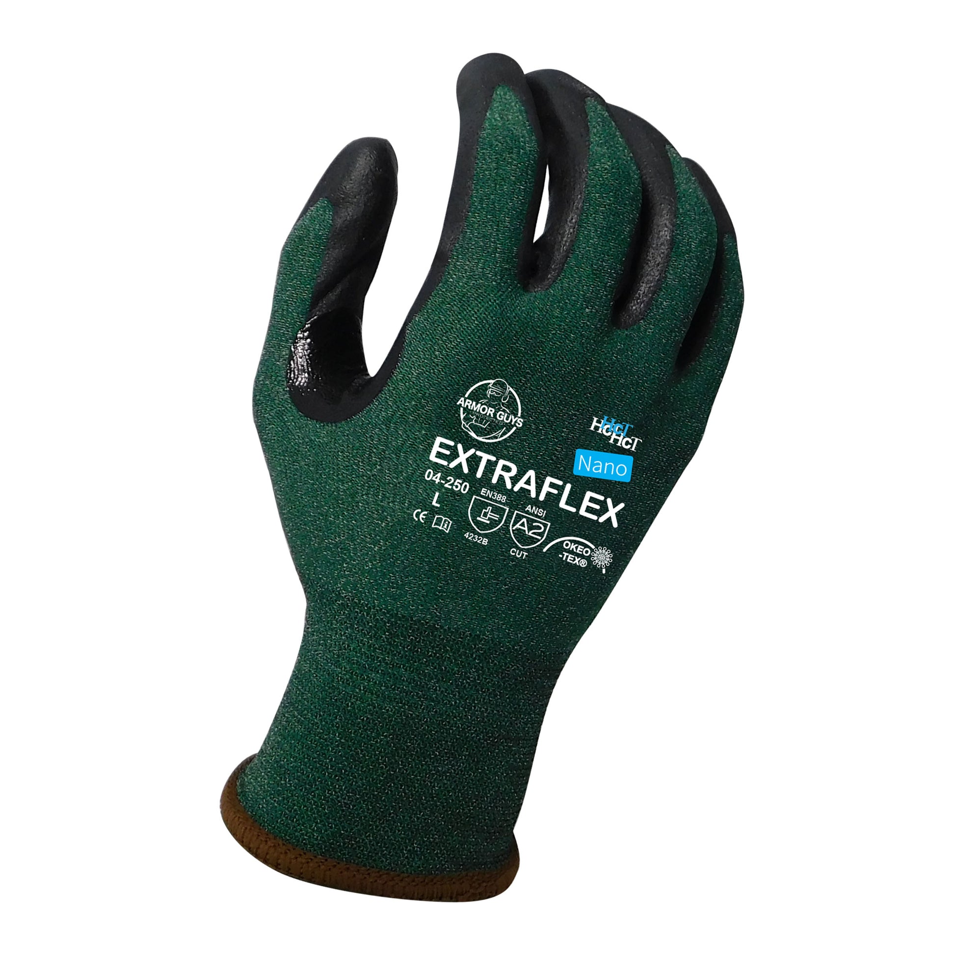 18g ExtraFlex® Cut Resistant Dark Green Engineered Liner With Black HCT® Nano Foam Nitrile Palm Coating And Nitrile Reinforced Thumb Crotch, ANSI A2, 10dz/cs