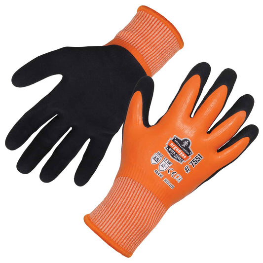 Small - ProFlex 7551 Coated Cut-Resistant Winter Work Gloves, fleece lined, orange, - ANSI A5, EN 388: 4X43E, Waterproof, machine washable