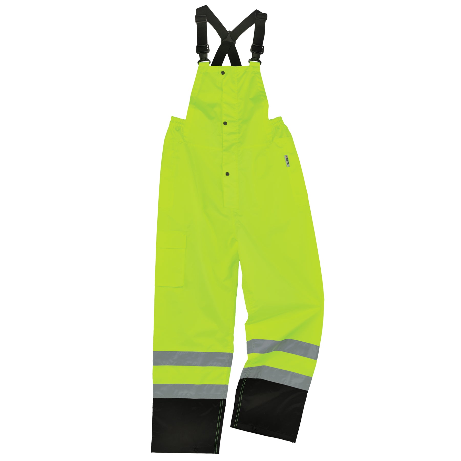 Medium GloWear 8918BK Hi-Vis Lime Rain Bibs - Class E, Black Bottom, zip legs, elastic suspenders