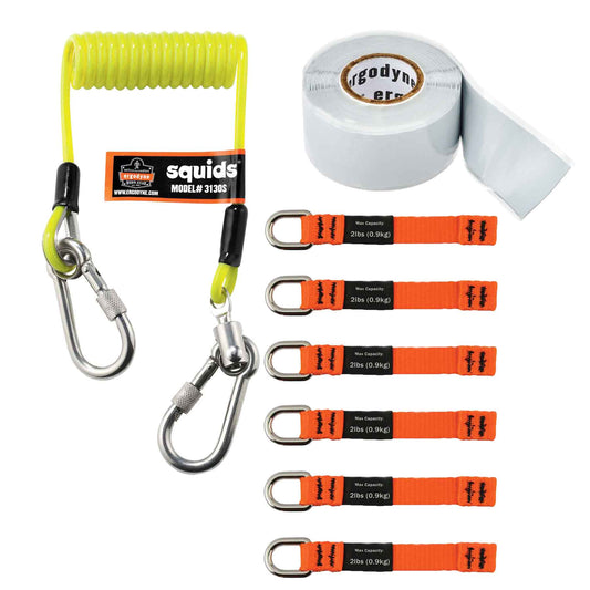 Squids 3180 Tool Tethering Kit - 2lbs Includes: Squids 3700 Web Tool Tails -(6-Pack), Squids 3130S Coiled Cable Lanyard - 2lbs, Squids 3755 Self-Adhering Tape Trap - 12ft
