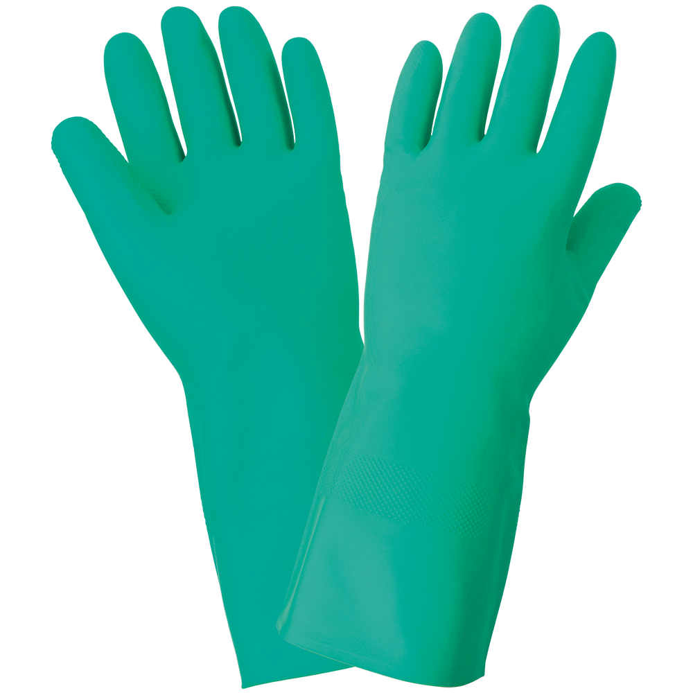 Green, flocked lined nitrile, raised diamond pattern grip, 15mil, 13" in length, 12DZ/1CS