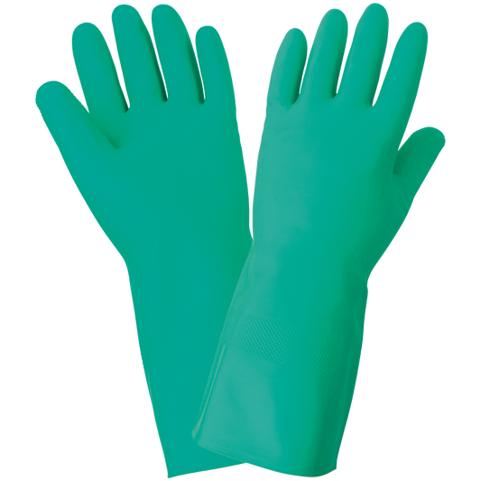 Green, flocked lined nitrile, raised diamond pattern grip, 15mil, 13" in length, 12DZ/1CS