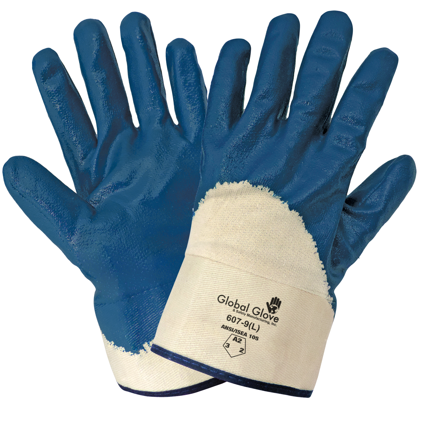 Solid Blue Nitrile 3/4 coated two-piece jersey gloves, safety cuff, launder-able, 6DZ/1CS