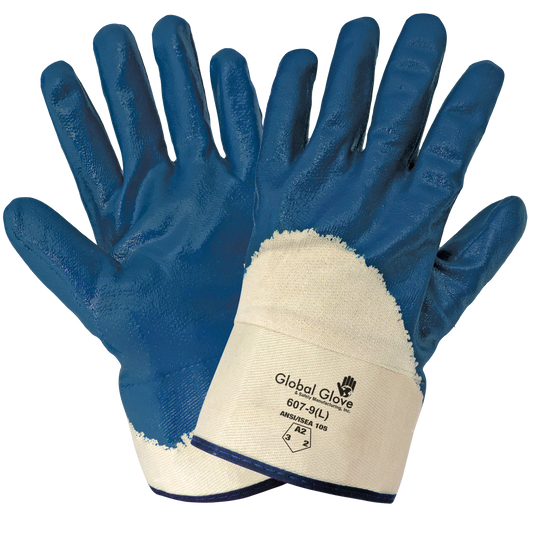 Solid Blue Nitrile 3/4 coated two-piece jersey gloves, safety cuff, launder-able, 6DZ/1CS
