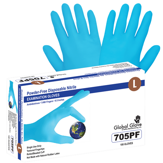 Blue medical grade nitrile, powder-free, 5-mil textured fingertips, 100 gloves per box, 10BX/1CS