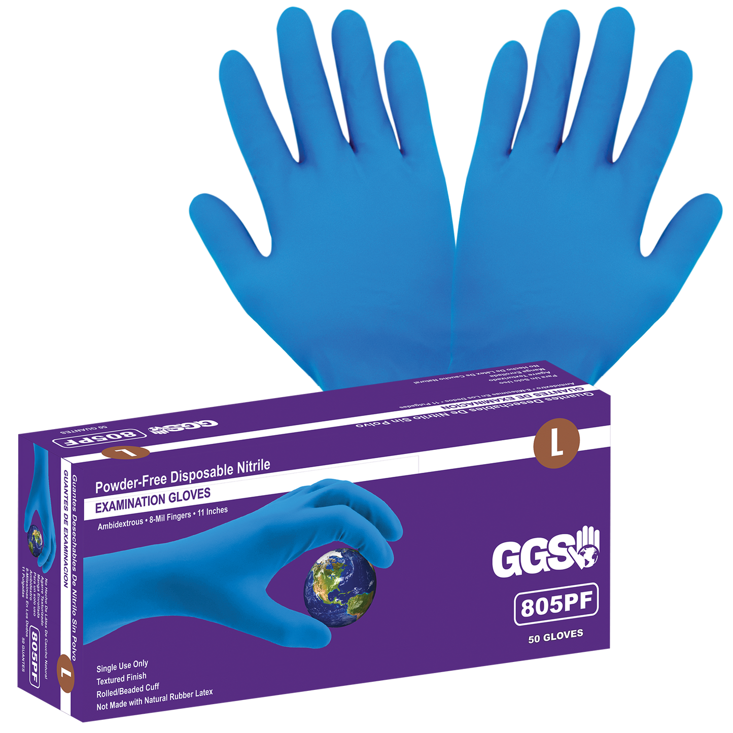 Blue medical grade nitrile, powder-free, 8-mil textured fingertips, 50 gloves per box, 10BX/1CS