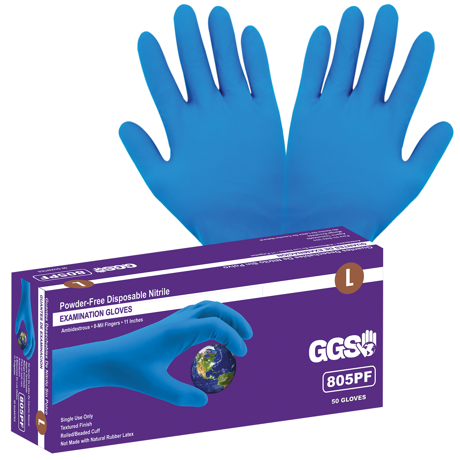Blue medical grade nitrile, powder-free, 8-mil textured fingertips, 50 gloves per box, 10BX/1CS