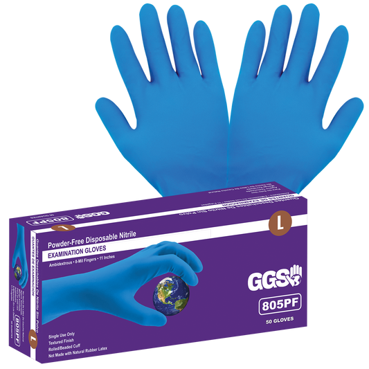 Blue medical grade nitrile, powder-free, 8-mil textured fingertips, 50 gloves per box, 10BX/1CS