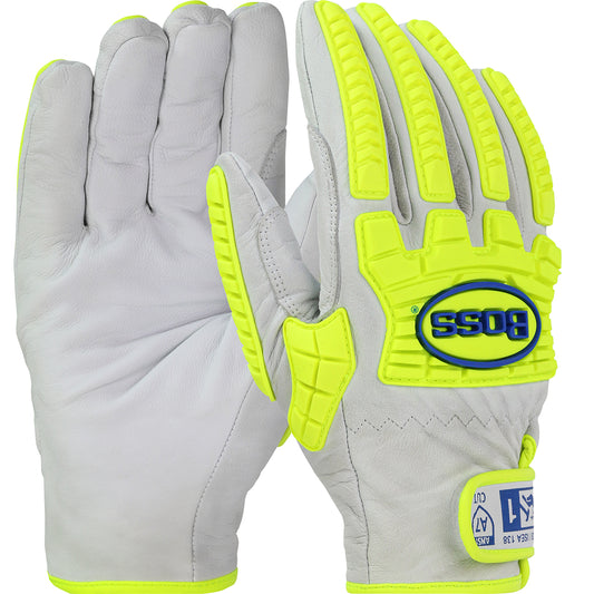 Top Grain Goatskin Leather Drivers Glove with Hi-Vis Impact Protection and DuPont Kevlar Blend Lining, Cut A7, Puncture A4