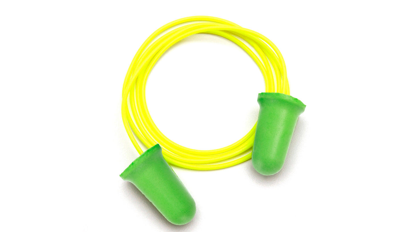 Green bell Shaped Plug - yellow corded - Polybag with dispenser- NRR30dB 100 pair/box 10bx/1cs