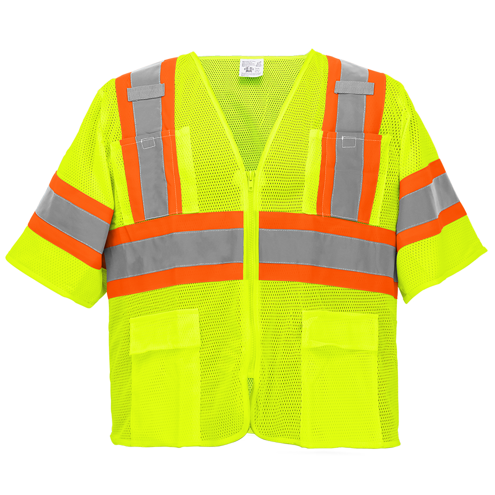 Forgwear Surveyors Vest, Class 3, Lime w/ contrast stripes, 6 pockets, zipper closure