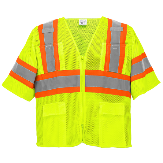 Forgwear Surveyors Vest, Class 3, Lime w/ contrast stripes, 6 pockets, zipper closure