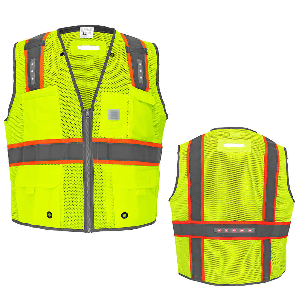 HV Premium Surveyors LED Safety Vest, Class 2 lime vest with contrasting orange (3 A batteries not included) portable USB charger 25EA/CS