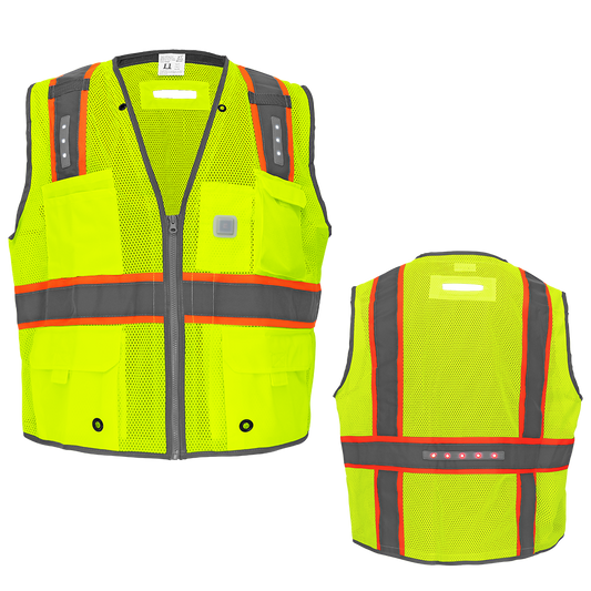 HV Premium Surveyors LED Safety Vest, Class 2 lime vest with contrasting orange (3 A batteries not included) portable USB charger 25EA/CS