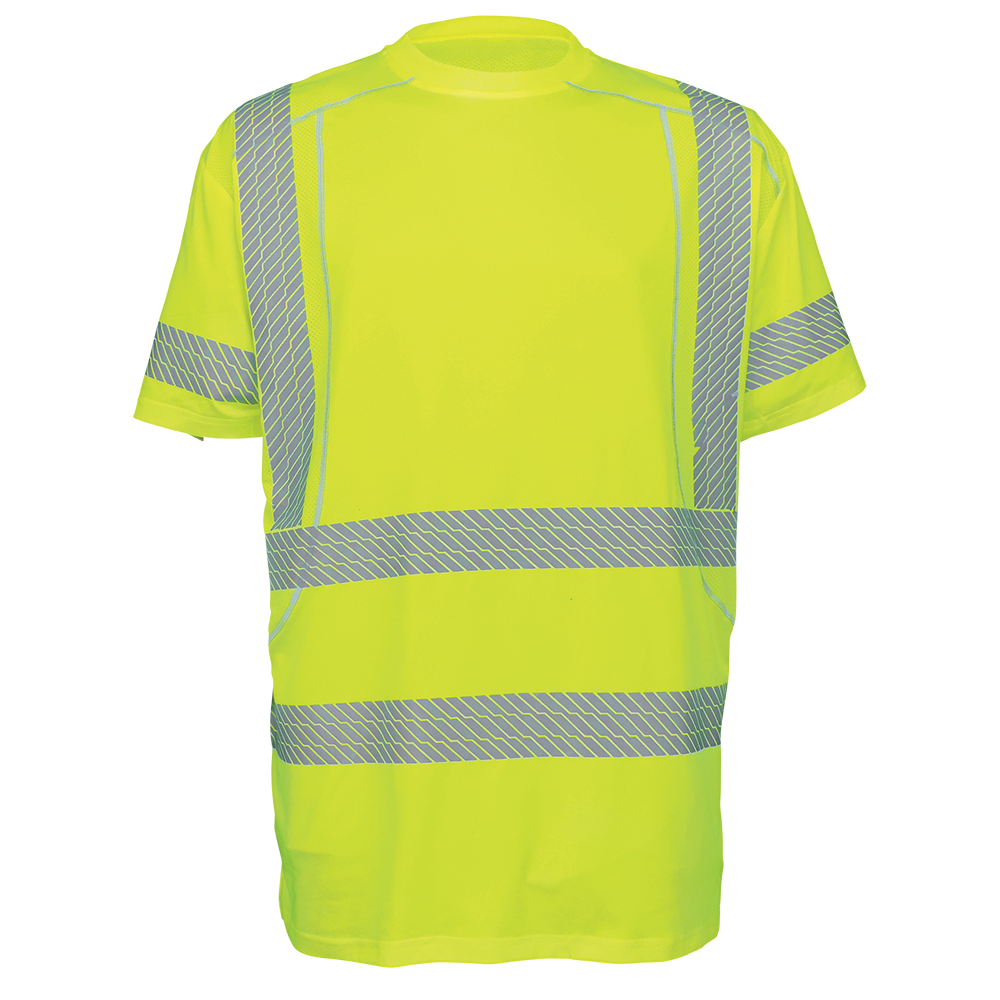 Frogwear Hi-Vis Lime, Short Sleeve, Class 3, Moisture Wicking w/ segmented striping, UPF 15+