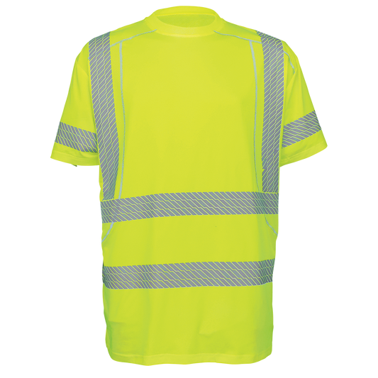 Frogwear Hi-Vis Lime, Short Sleeve, Class 3, Moisture Wicking w/ segmented striping, UPF 15+