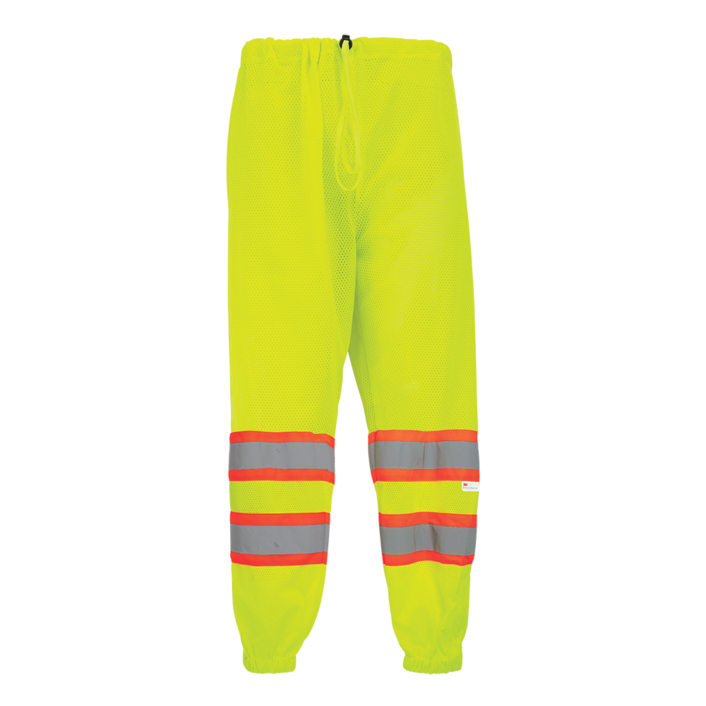 Safety pants, high-visibility yellow/green lightweight mesh polyester, 3M™ reflective material, elastic waist with adjustable drawstring, one back outside pocket, side pocket access. ANSI class E