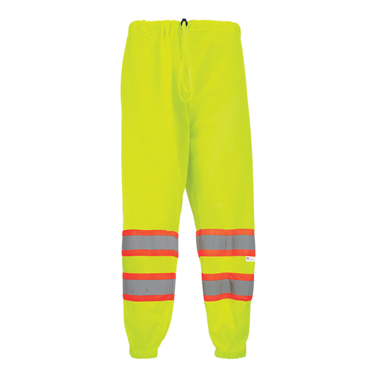Safety pants, high-visibility yellow/green lightweight mesh polyester, 3M™ reflective material, elastic waist with adjustable drawstring, one back outside pocket, side pocket access. ANSI class E
