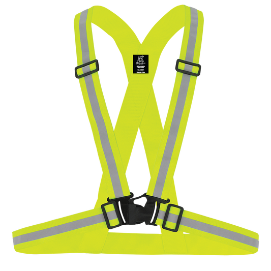 FrogWear HV - Traffic safety sash, high-visibility yellow/green polyester/elastic, silver reflective material, X-back design, adjustable elastic waist and chest, plastic buckle closure. 50EA/1CS