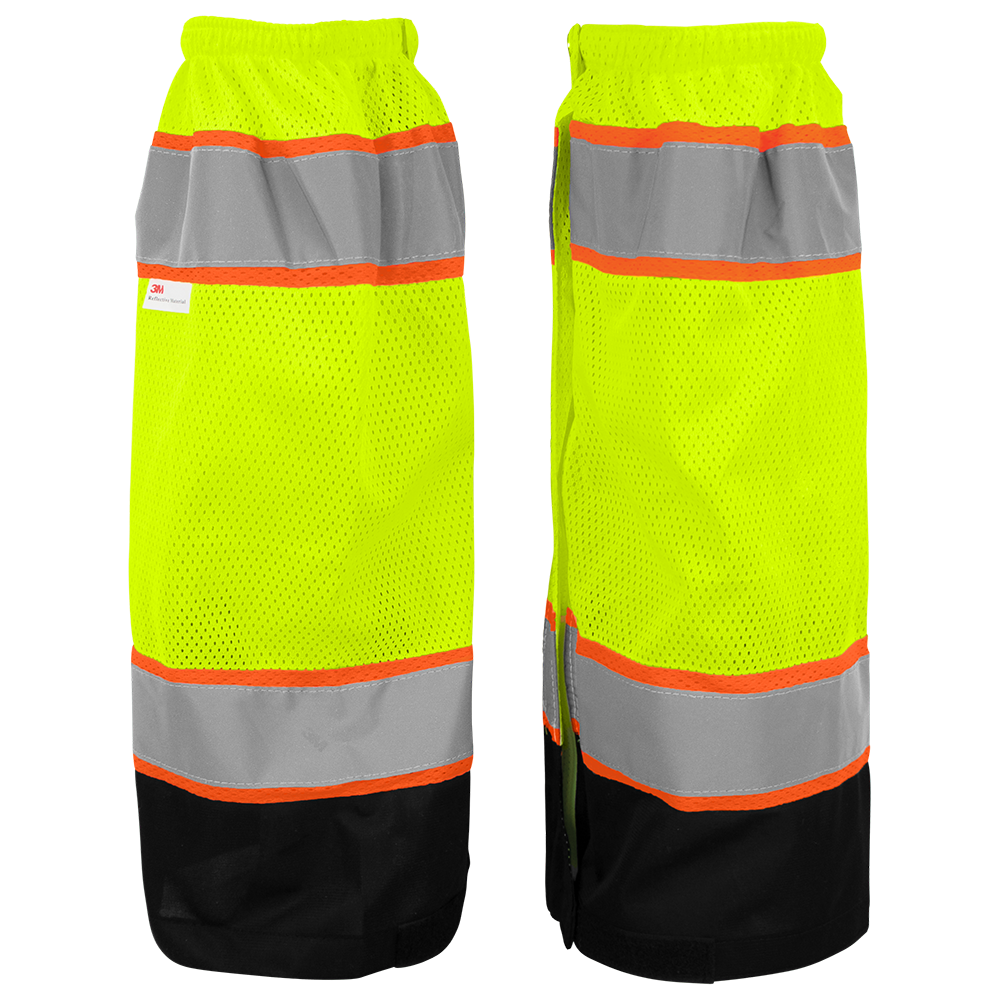 FrogWear HV - Leg gaiters, yellow/green lightweight mesh polyester with a black solid bottom, 18.5-inches long, zipper closure with button snap at the top, hook-and-loop closure at the bottom. ANSI class E. 50PR/1CS