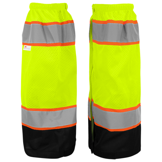 FrogWear HV - Leg gaiters, yellow/green lightweight mesh polyester with a black solid bottom, 18.5-inches long, zipper closure with button snap at the top, hook-and-loop closure at the bottom. ANSI class E. 50PR/1CS