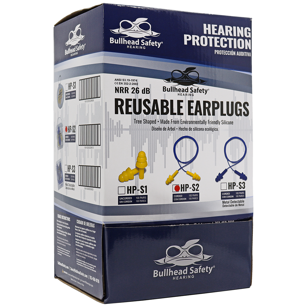 Corded reusable, lemon color silicone, triple-flange earplugs, NPR 26, includes clear case with belt attachment, 100PR/1BX, 10BX/1CS