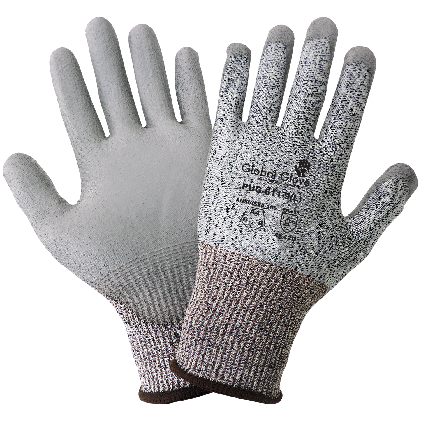 3-gauge salt-and-pepper seamless HPPE shell, gray smooth polyurethane-coated palm, knit wrist. ANSI A4 6dz/1cs