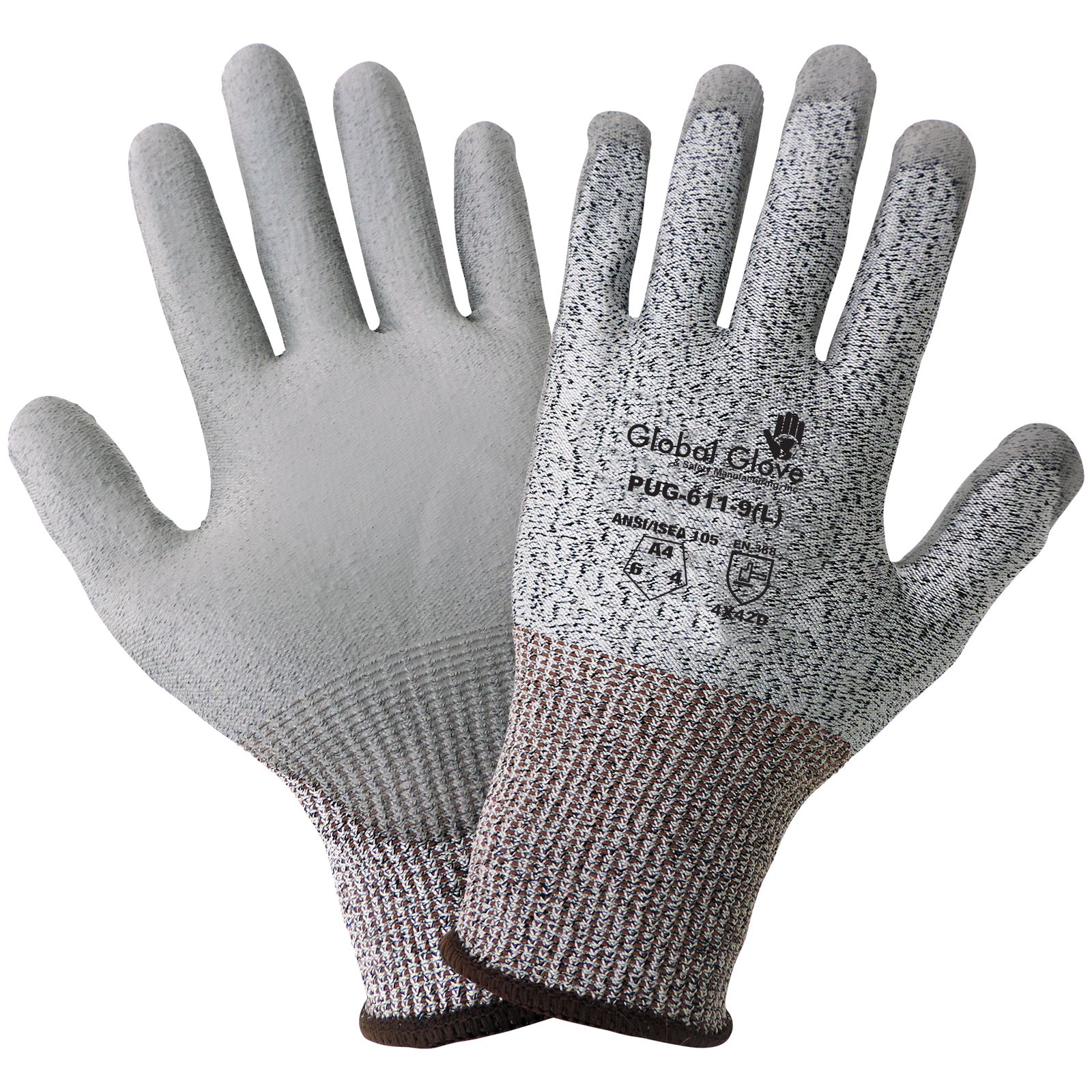 3-gauge salt-and-pepper seamless HPPE shell, gray smooth polyurethane-coated palm, knit wrist.  ANSI A4 6dz/1cs