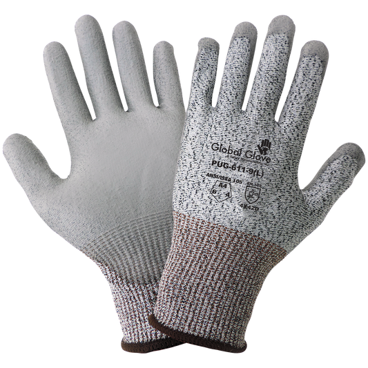 3-gauge salt-and-pepper seamless HPPE shell, gray smooth polyurethane-coated palm, knit wrist.  ANSI A4 6dz/1cs