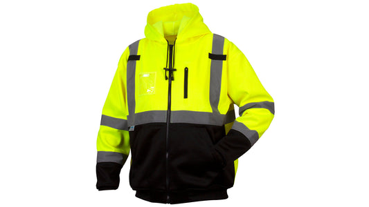 Class 3 premium zipper sweatshirt in lime, black front, hood
