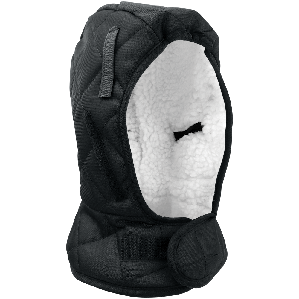 Sherpa-lined, winter liner, shoulder length, warming pockets over the ears, hook & loop chin strap, hard hat attachment, 72EA/1CS
