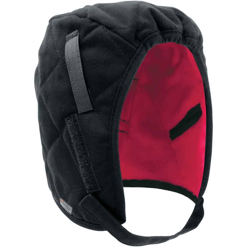 FR winter liner, regular length, red fleece lining, warming pockets over the ears, hook & loop chin strap, hard hat attachment, 72EA/1CS