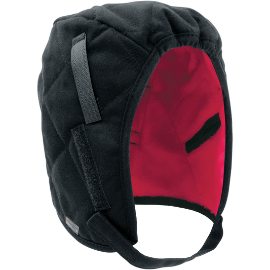 FR winter liner, regular length, red fleece lining, warming pockets over the ears, hook & loop chin strap, hard hat attachment, 72EA/1CS