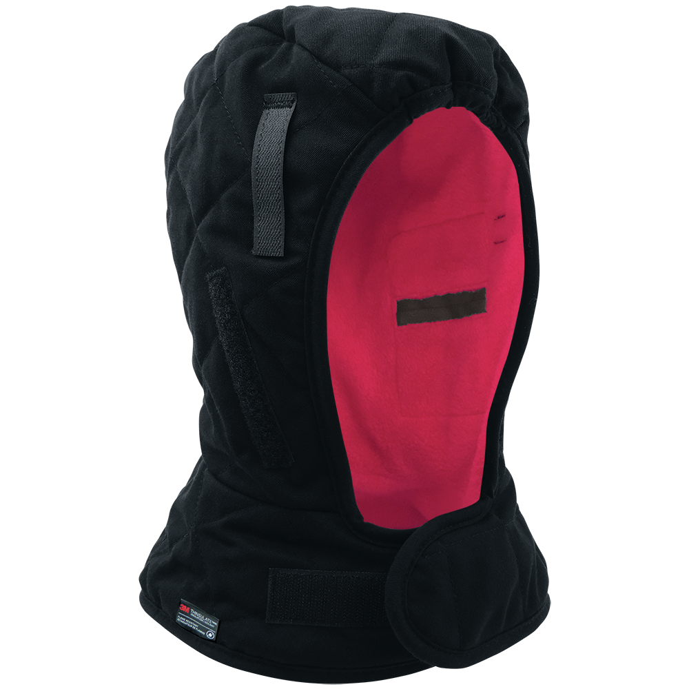 FR winter liner, shoulder length, red fleece lining, warming pockets over the ears, hook & loop chin strap, hard hat attachment, 72EA/1CS