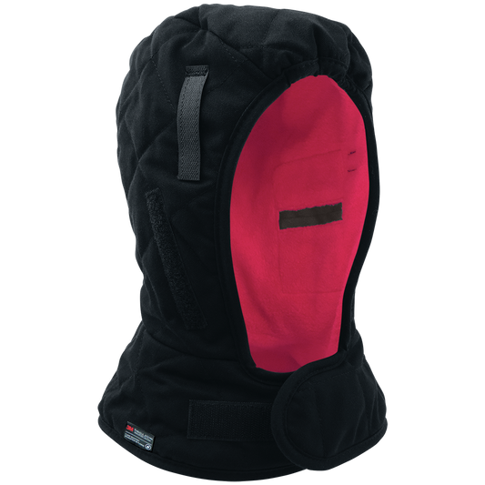 FR winter liner, shoulder length, red fleece lining, warming pockets over the ears, hook & loop chin strap, hard hat attachment, 72EA/1CS
