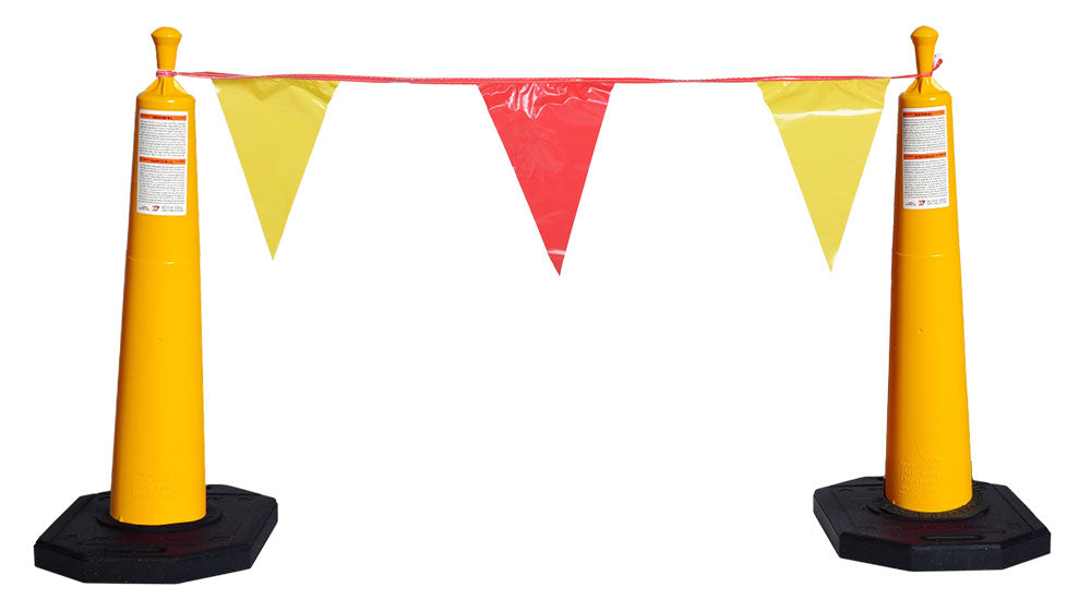 Roof Edge Delineator Bundle - 17 Yellow 39" Roof Edge Cones, 30 lb Rectangular Bases, 105' Pennant Flags