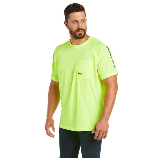 Men's Rebar heat fighter, t-shirt, mesh with moisture-wicking, pocket on chest, Ariat logo on sleeve, lime