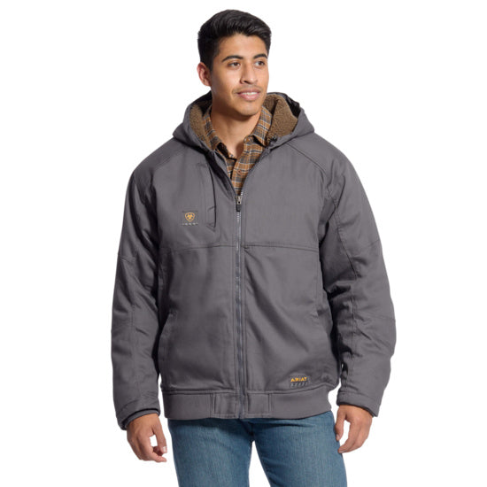 Rebar DuraCanvas jacket with hood, zippered hand and chest pockets, grey