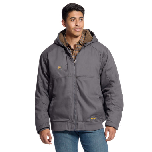 Rebar DuraCanvas jacket with hood, zippered hand and chest pockets, grey