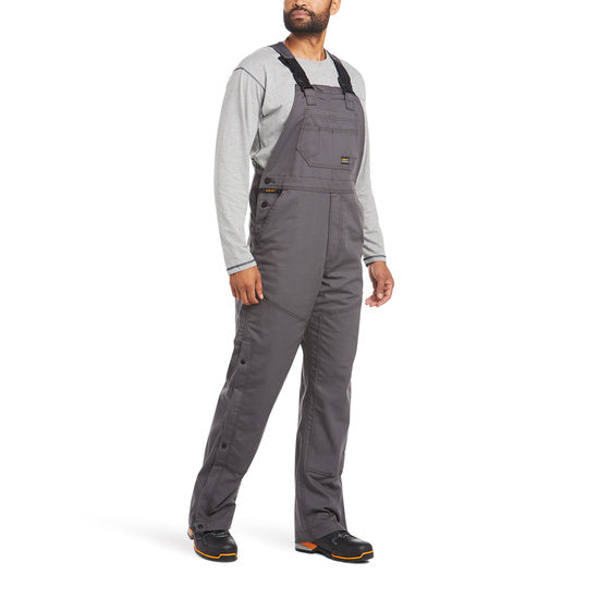 Rebar Duracanvas, unlined bib, zip-to-thigh leg zipper with snap down flap, grey