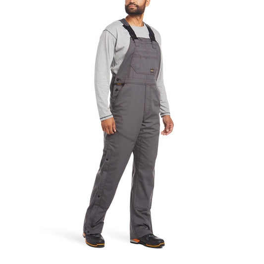 Rebar Duracanvas, unlined bib, zip-to-thigh leg zipper with snap down flap, grey