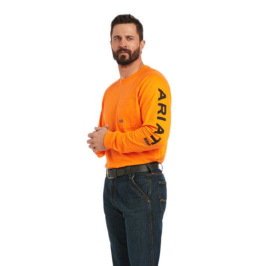Men's orange rebar cotton, long sleeve, chest pocket, Ariat logo on sleeve