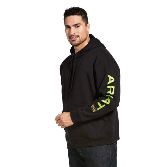 Men's Rebar hoodie, kangaroo pocket, black/lime, Ariat logo on sleeve