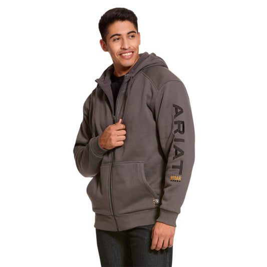 Men's Rebar fleece lined all-weather, full zip, hoodie, Ariat logo on sleeve, gray