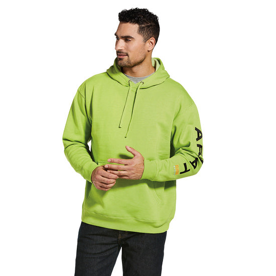 Rebar Men's hoodie, lime with black embroidery logo on sleeve