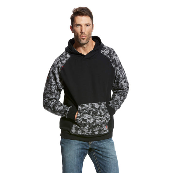 FR DuraStretch Patriot Hoodie, black with grey digi camo, CAT 2