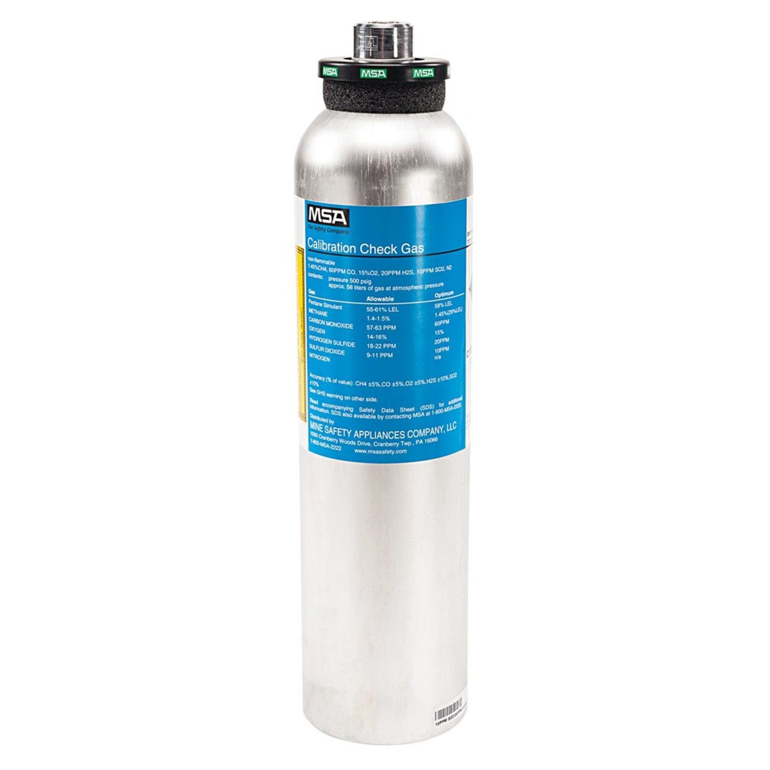 Calibration Cylinder, Gas, 58 L RP, (CH4)-1.45%, (O2)-15%, (CO) 60 PPM, (H2S)-20 PPM, (SO2)-10 PPM