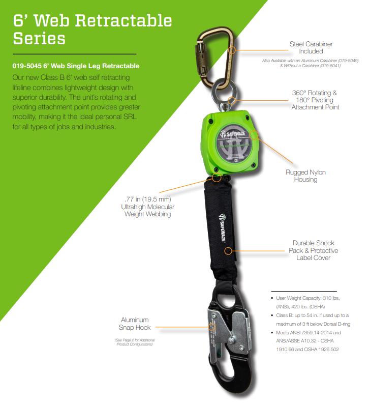 6' Web Retractable with Aluminum Snap Hook & Aluminum Carabiner