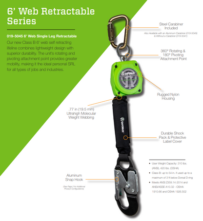 6' Web Retractable with Aluminum Snap Hook & Aluminum Carabiner